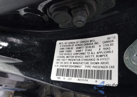 2013 Honda Civic Lx from USA, damaged, VIN 2HGFB2F53DH584657